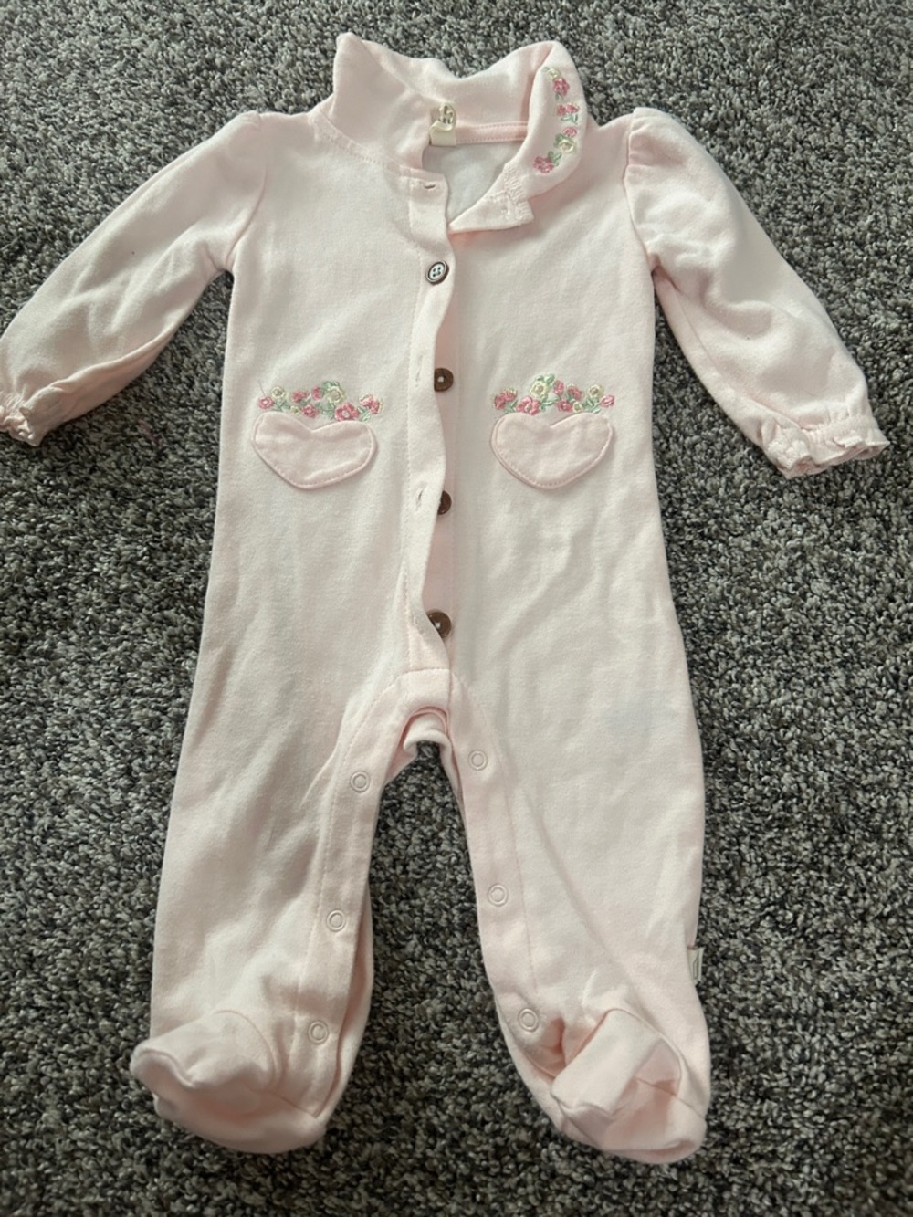Soft Pink Footed One-Piece with Embroidered Heart Pockets
